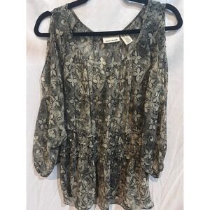 DKNY JEANS Cold Shoulder Blouse Black White‎ Floral Print Gathered Waist Size L